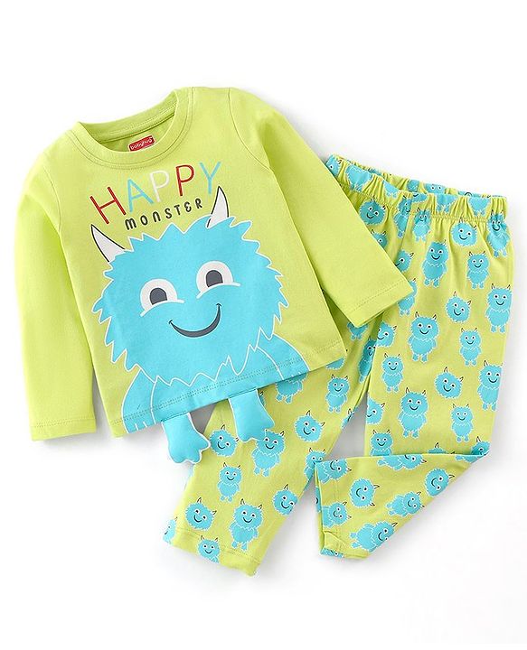 Babyhug Cotton Knit Full Sleeves Monster Printed Night Suit - Green
