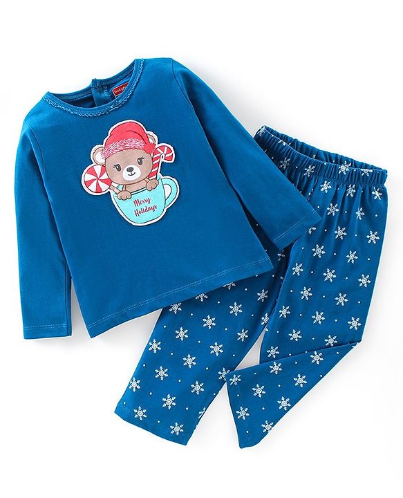 Babyhug Cotton Knit Full Sleeves Bear & Snowflakes Printed Night Suit - Blue
