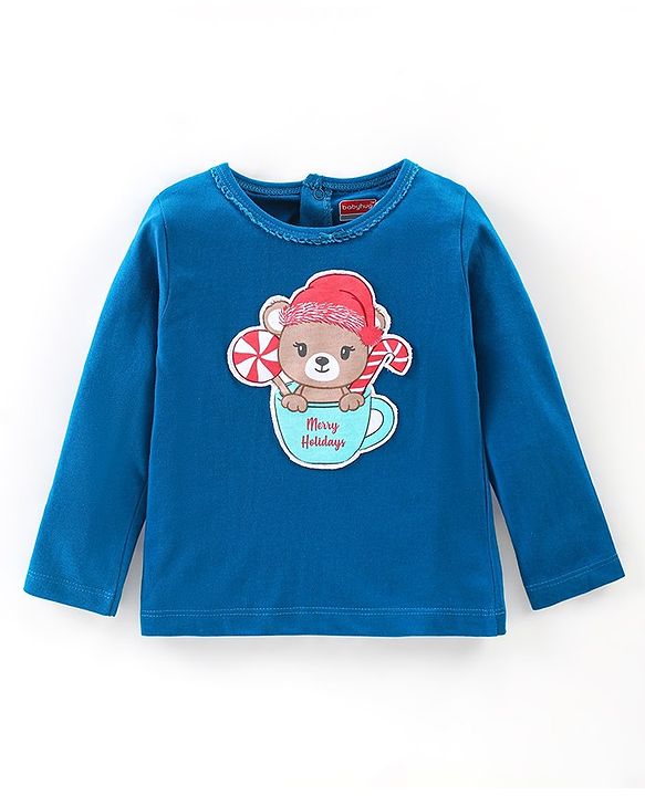 Babyhug Cotton Knit Full Sleeves Bear & Snowflakes Printed Night Suit - Blue