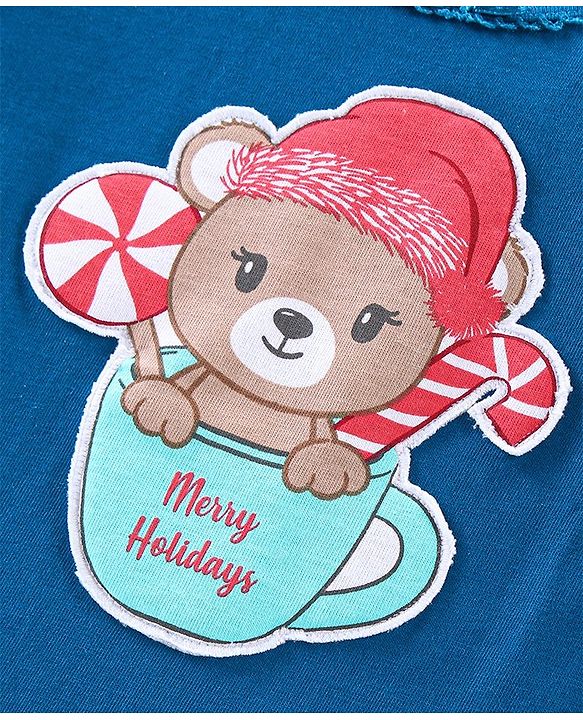 Babyhug Cotton Knit Full Sleeves Bear & Snowflakes Printed Night Suit - Blue