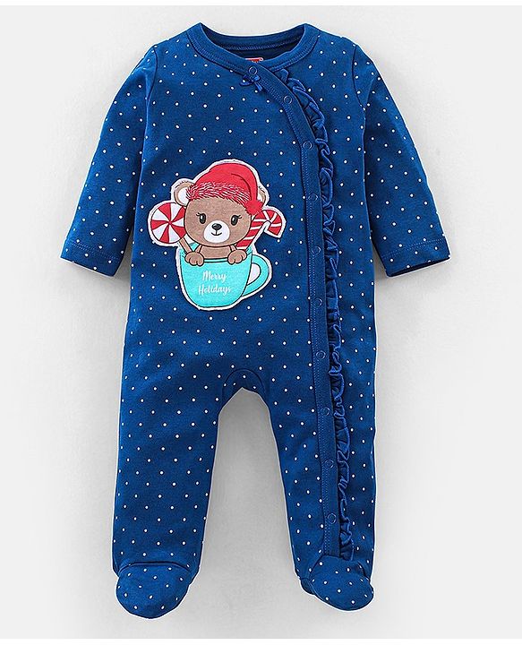 Babyhug Cotton Knit  Full Sleeves Sleepsuit Bear Printed - Blue