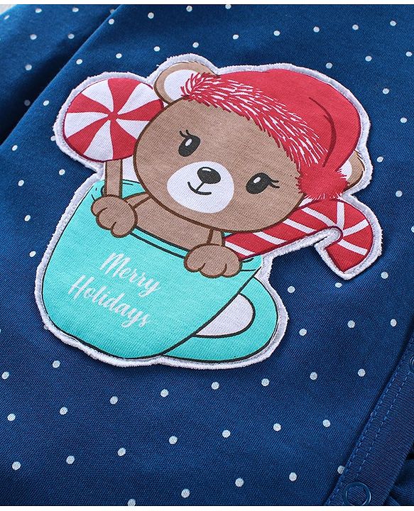 Babyhug Cotton Knit  Full Sleeves Sleepsuit Bear Printed - Blue