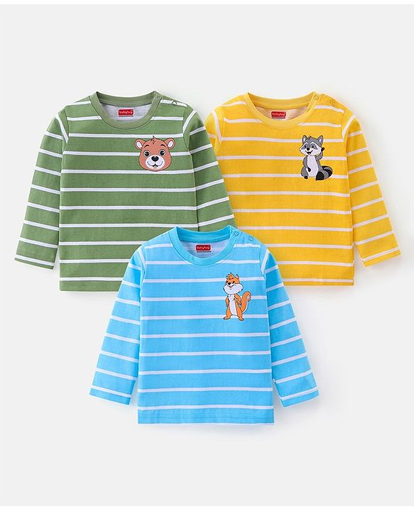 Babyhug Cotton Knit Full Sleeves T-Shirt With Wild Animal Graphics Pack Of 3 - Green Yellow & Blue