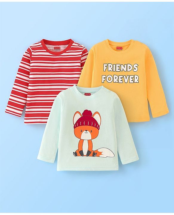 Babyhug Cotton Knit Full Sleeves T-Shirt with Graphics Pack of 3 - Red Yellow & Light Blue