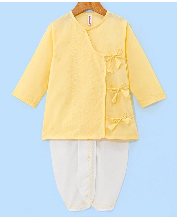 Babyhug 10% Cotton Woven Full Sleeves Angarakha Embroidered Dhoti Kurta Set - Yellow