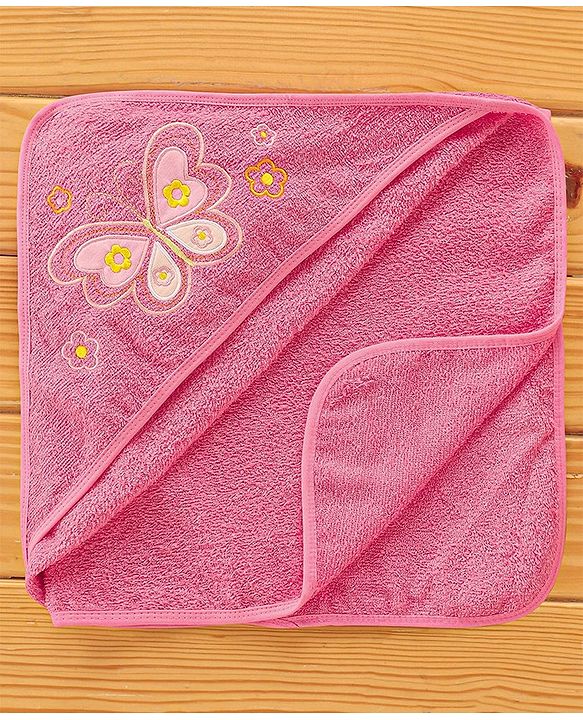 Babyhug Butterfly Embroidery Terry Hooded Bath Towel - Pink