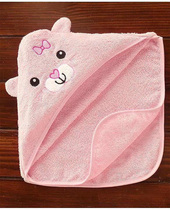 Babyhug Cat Embroidery Hooded Bath Towel L 76 x B 76 cm - Pink