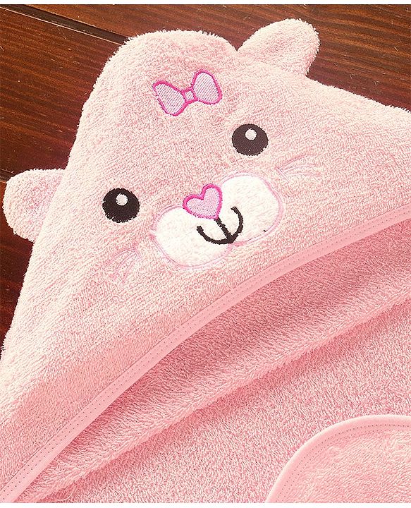 Babyhug Cat Embroidery Hooded Bath Towel L 76 x B 76 cm - Pink