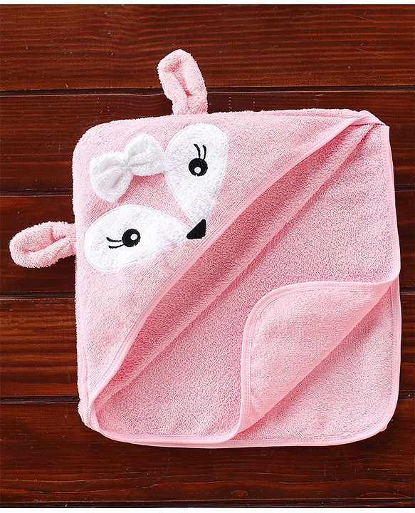 Babyhug Fox Embroidery Terry Hooded Bath Towel L 76 x B 76 cm - Pink