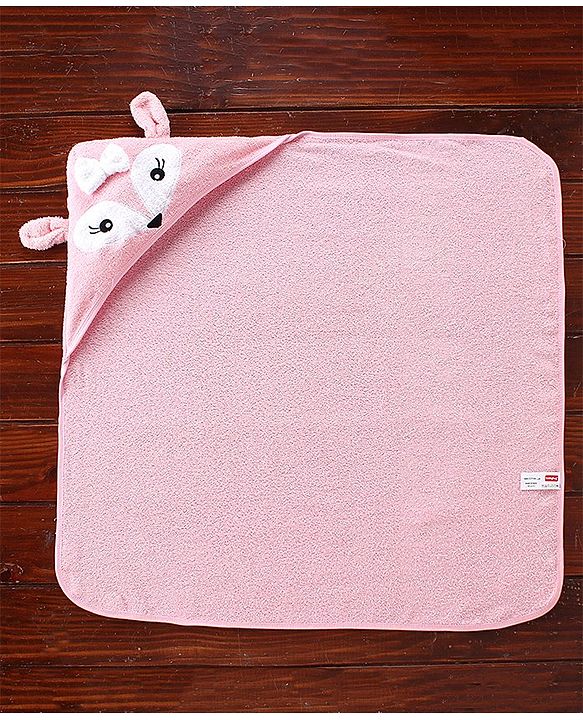 Babyhug Fox Embroidery Terry Hooded Bath Towel L 76 x B 76 cm - Pink