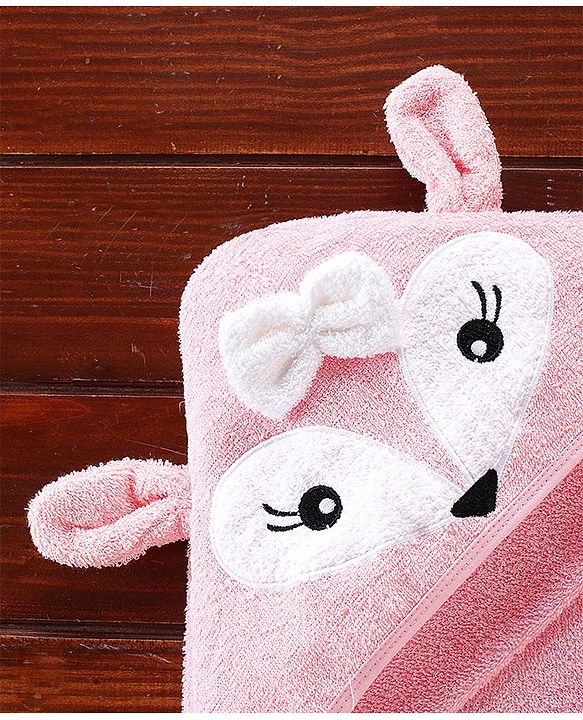 Babyhug Fox Embroidery Terry Hooded Bath Towel L 76 x B 76 cm - Pink