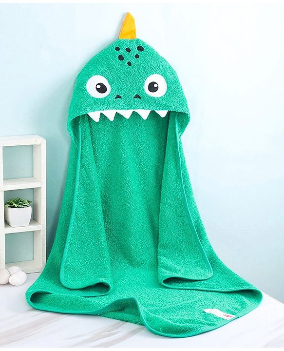 Babyhug Cotton Woven Hooded Towel Shark Embroidery L 76.2 x B 76.2 cm - Green