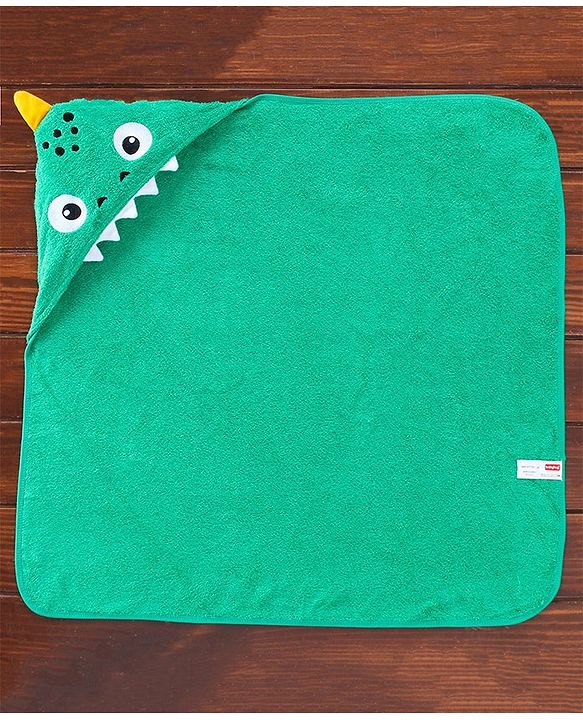 Babyhug Cotton Woven Hooded Towel Shark Embroidery L 76.2 x B 76.2 cm - Green