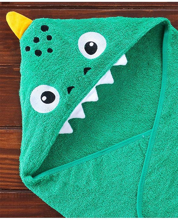 Babyhug Cotton Woven Hooded Towel Shark Embroidery L 76.2 x B 76.2 cm - Green