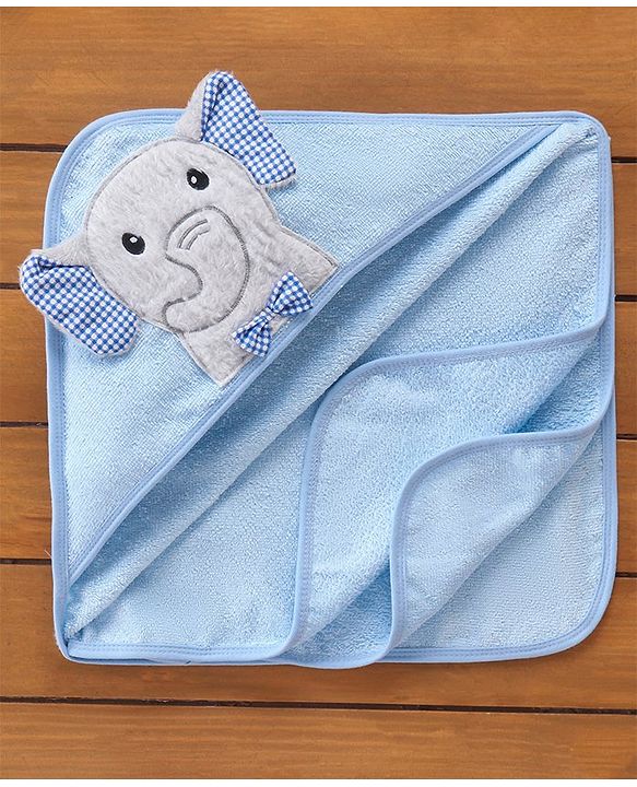 Babyhug Elephant Embroidery Terry Woven Hooded Bath Towel L 76 x B 76 cm - Blue