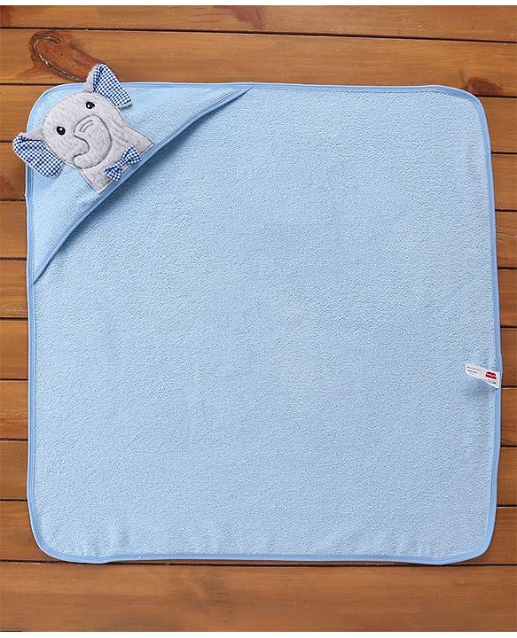 Babyhug Elephant Embroidery Terry Woven Hooded Bath Towel L 76 x B 76 cm - Blue