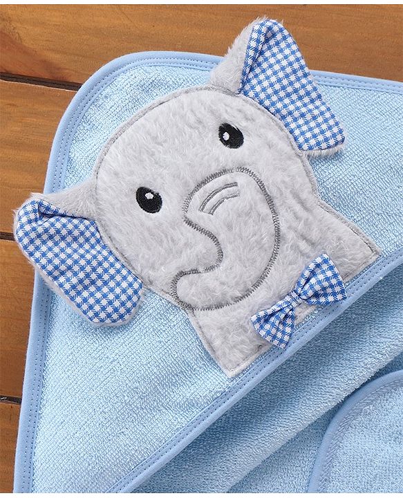 Babyhug Elephant Embroidery Terry Woven Hooded Bath Towel L 76 x B 76 cm - Blue