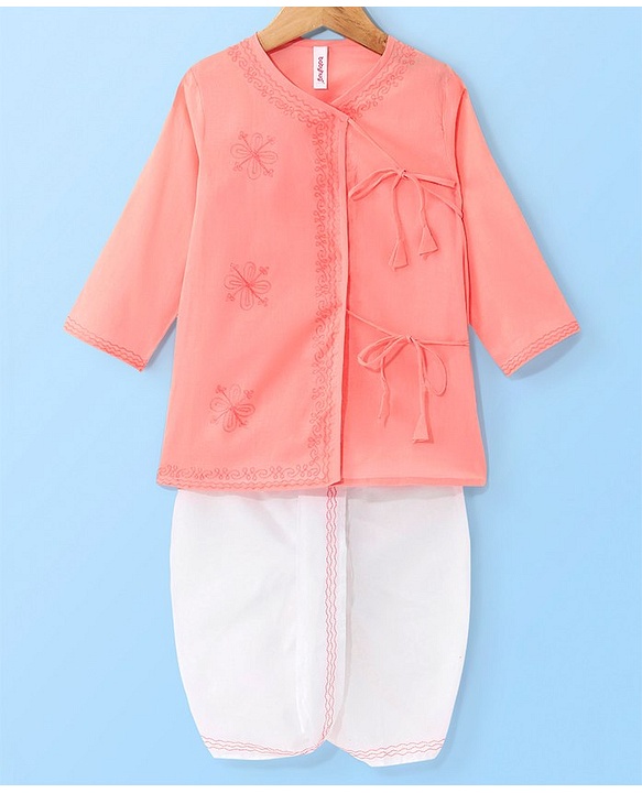 Babyhug 100% Cotton Angarakha Embroidered Full Sleeves Kurta & Dhoti Set- Pink