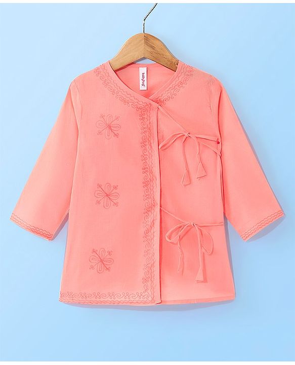 Babyhug 100% Cotton Angarakha Embroidered Full Sleeves Kurta & Dhoti Set- Pink