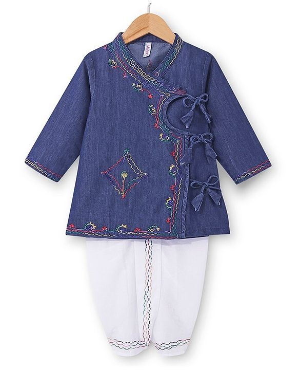 Babyhug 100% Cotton Woven Full Sleeves Angarakha Embroidered Kurta & Dhoti Set - Navy Blue