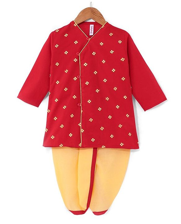 Babyhug Cotton Woven Full Sleeves Embroidered Kurta & Dhoti Set - Red