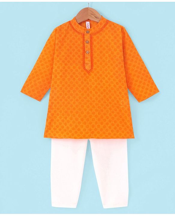 Babyhug Full Sleeves Cotton Dobby Kurta Pyjama Set - Orange
