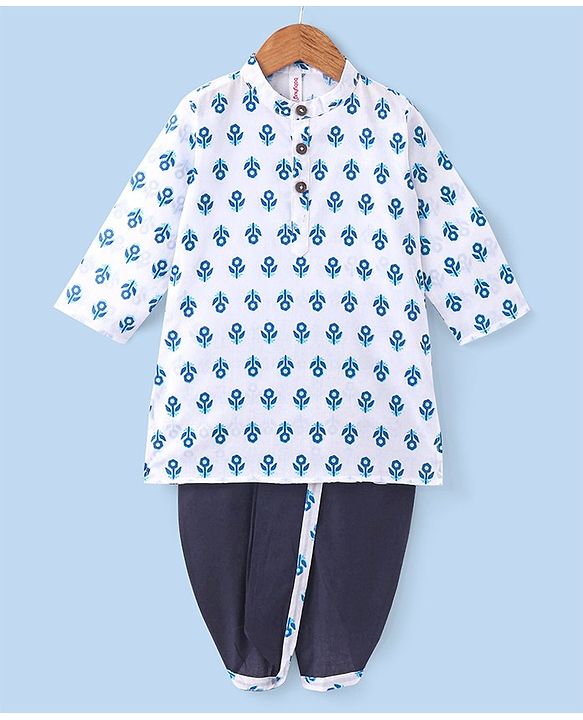 Babyhug 100% Cotton Woven Full Sleeves Kurta With Dhoti Floral Print - Navy Blue & White