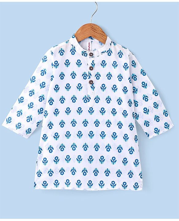 Babyhug 100% Cotton Woven Full Sleeves Kurta With Dhoti Floral Print - Navy Blue & White