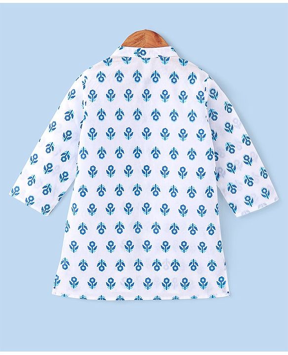 Babyhug 100% Cotton Woven Full Sleeves Kurta With Dhoti Floral Print - Navy Blue & White