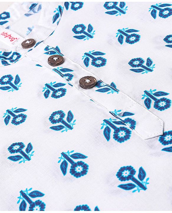 Babyhug 100% Cotton Woven Full Sleeves Kurta With Dhoti Floral Print - Navy Blue & White