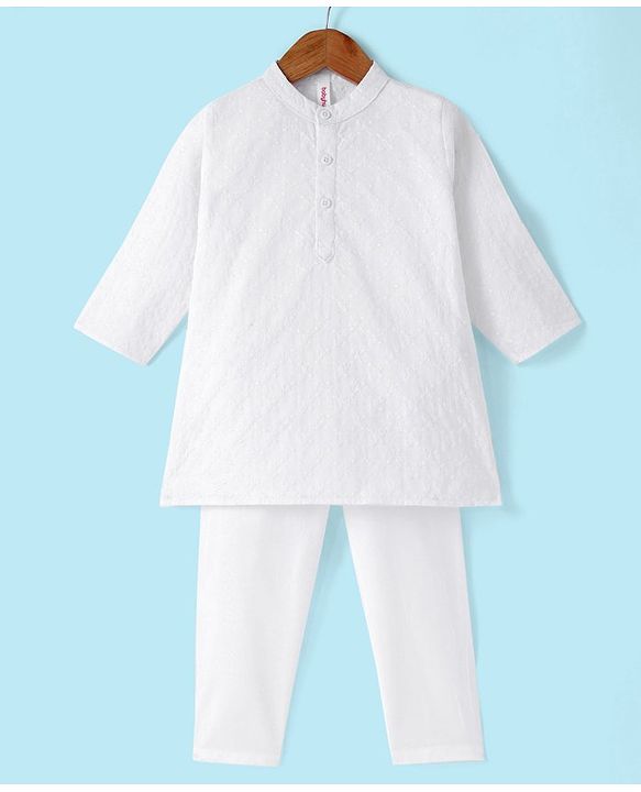 Babyhug 100% Cotton Schiffly Full Sleeves Kurta Pyjama Set - White