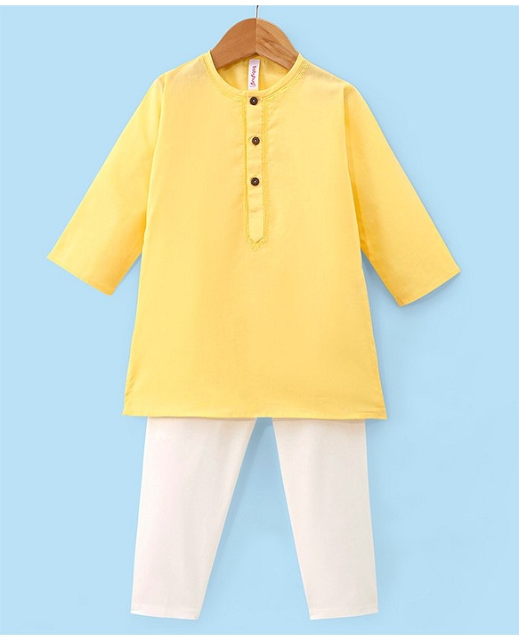 Babyhug 100% Cotton Woven Full Sleeves Solid Color Kurta Pyjama Set - Yellow