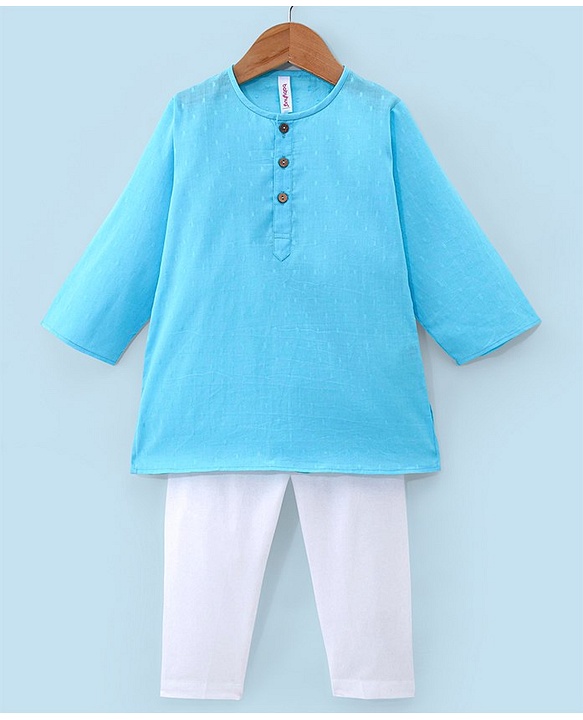 Babyhug 100% Cotton Woven Full Sleeves Dobby Kurta Pyjama Set - Sky Blue
