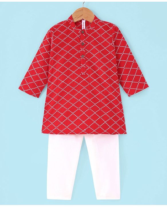Babyhug Full Sleeves 100%  Cotton Printed Kurta Pyjama Set - Red