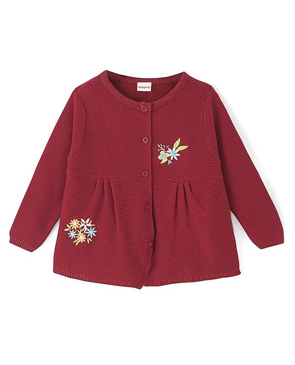 Babyhug Knit Full Sleeves Sweater With Floral Embroidery - Red