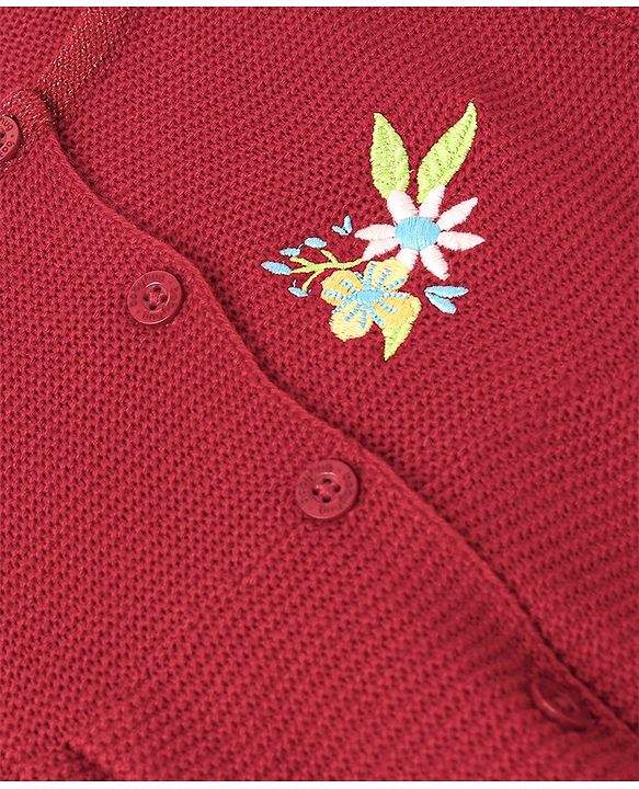 Babyhug Knit Full Sleeves Sweater With Floral Embroidery - Red