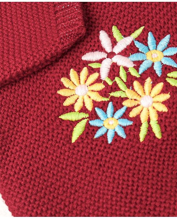 Babyhug Knit Full Sleeves Sweater With Floral Embroidery - Red