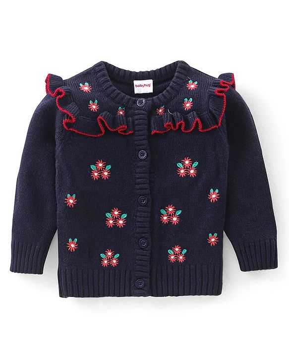 Babyhug Knit Full Sleeves Sweater With Floral Embroidery - Navy Blue