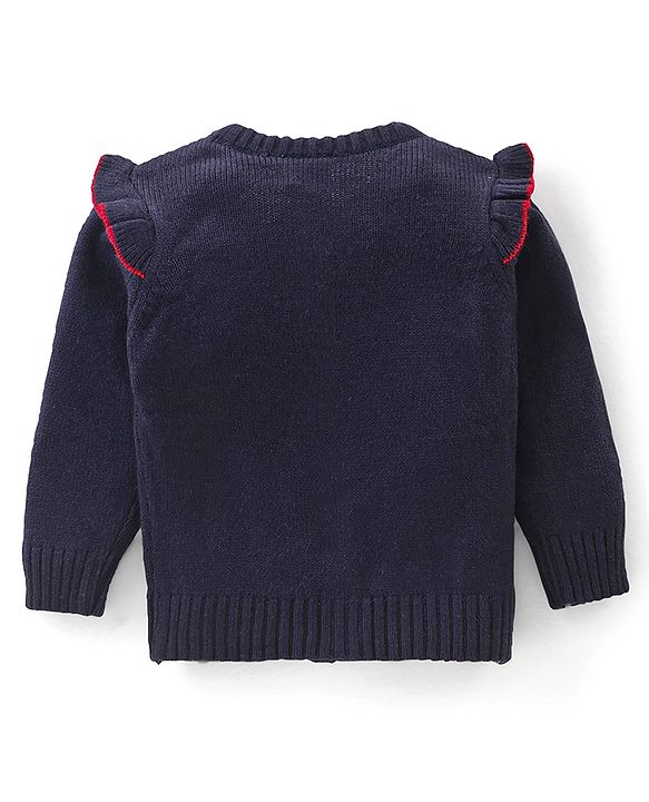 Babyhug Knit Full Sleeves Sweater With Floral Embroidery - Navy Blue