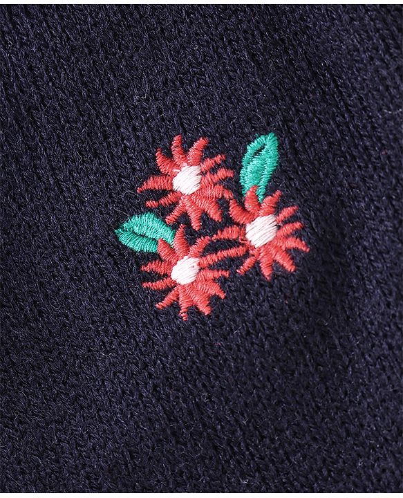Babyhug Knit Full Sleeves Sweater With Floral Embroidery - Navy Blue