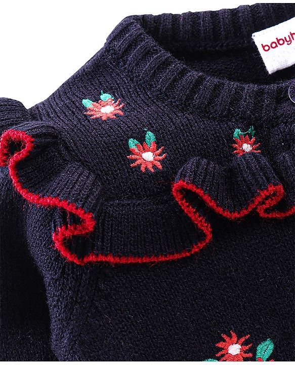 Babyhug Knit Full Sleeves Sweater With Floral Embroidery - Navy Blue