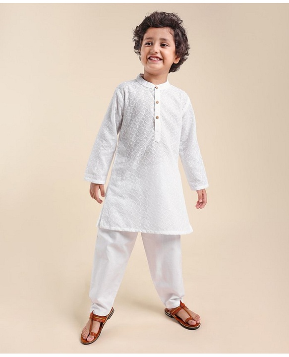 Babyhug 100% Cotton Woven Full Sleeves Kurta Pyjama Set Schiffli Embroidery - White