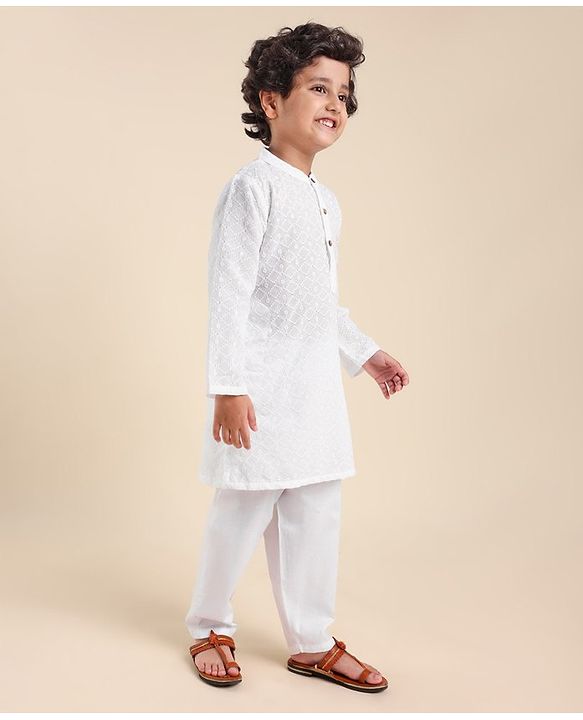 Babyhug 100% Cotton Woven Full Sleeves Kurta Pyjama Set Schiffli Embroidery - White