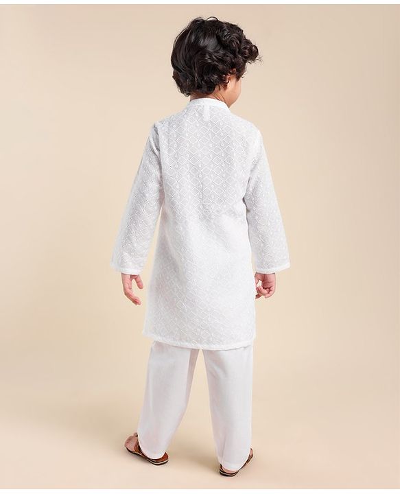 Babyhug 100% Cotton Woven Full Sleeves Kurta Pyjama Set Schiffli Embroidery - White
