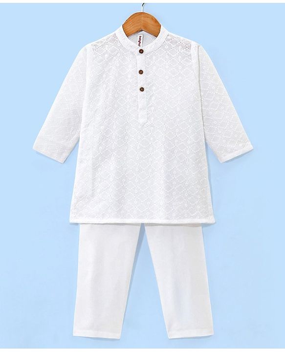 Babyhug 100% Cotton Woven Full Sleeves Kurta Pyjama Set Schiffli Embroidery - White