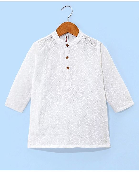 Babyhug 100% Cotton Woven Full Sleeves Kurta Pyjama Set Schiffli Embroidery - White