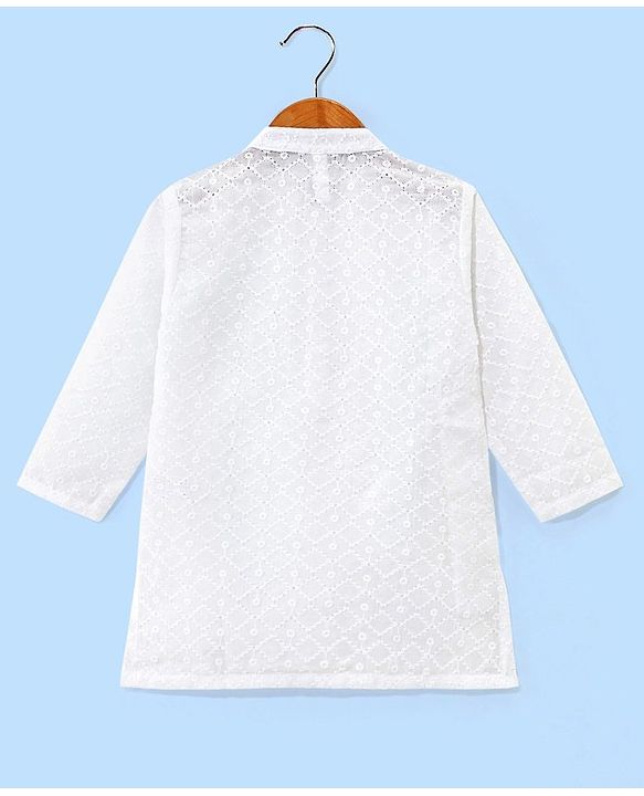 Babyhug 100% Cotton Woven Full Sleeves Kurta Pyjama Set Schiffli Embroidery - White