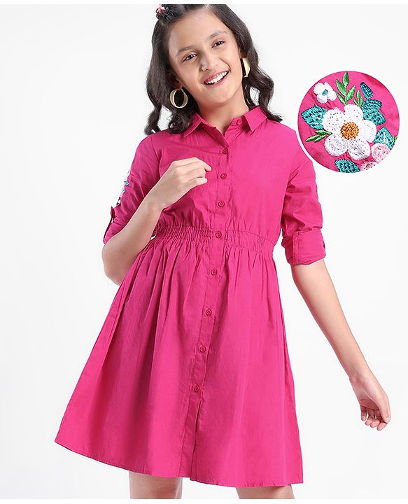 Pine Kids Cotton Full Sleeves Solid Color Embroidered Frock - Pink