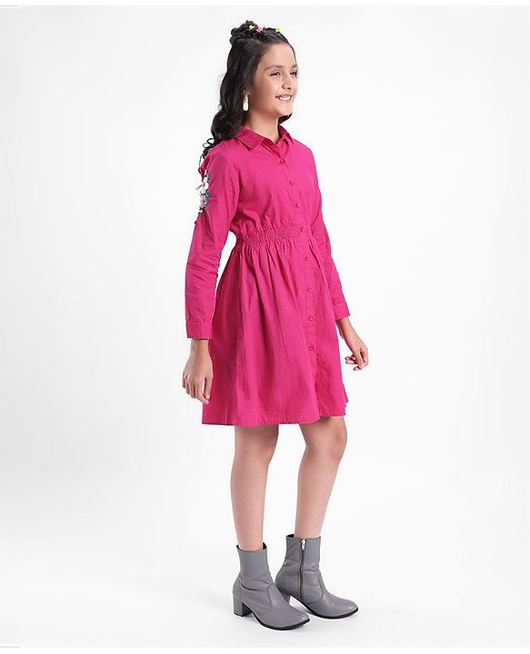 Pine Kids Cotton Full Sleeves Solid Color Embroidered Frock - Pink