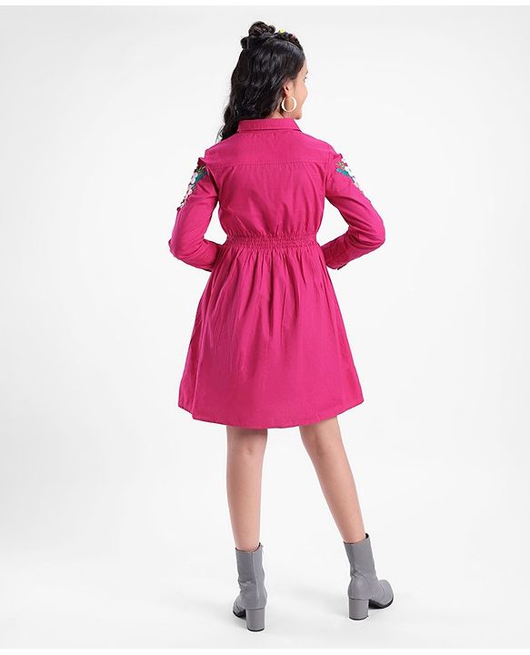 Pine Kids Cotton Full Sleeves Solid Color Embroidered Frock - Pink